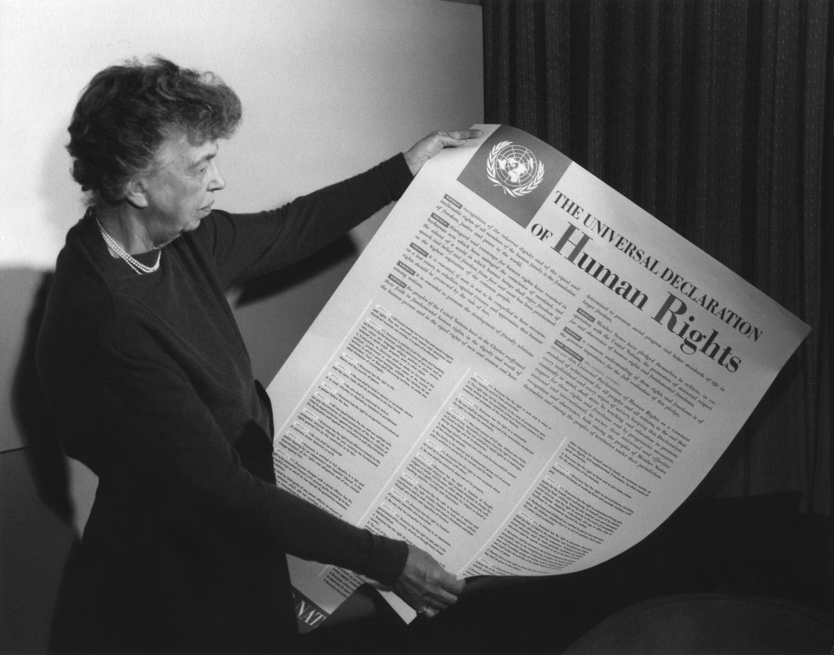 Eleanor Roosevelt holding the Universal Declaration of Human Rights poster, Lake Success, New York, 1949