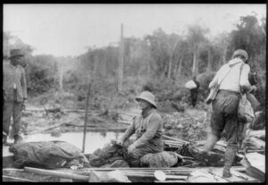 Theodore Roosevelt seated in a boat during the during the Roosevelt-Rondon Scientific Expedition to Brazil